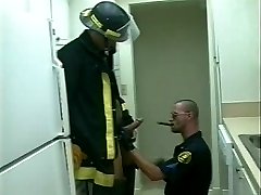 Bear firemen doing a fast and kinky quickie dick sucking session