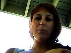 Redhead mature exgirlfriend Olive showing off her big knockers and trimmed pussy outdoors