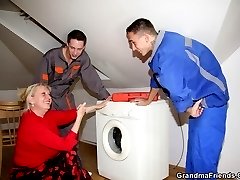 Whipped cream on her tits and two cocks fucking her slutty body makes granny happy