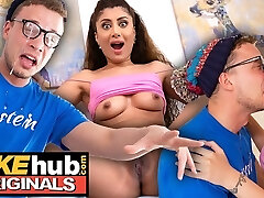 FAKEhub - Hot Indian British model licks the jizm of idiots glasses after he cums on his own face