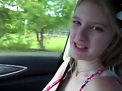 Fresh blonde babe, Melody Marks was toying with her tits while her boyfriend was driving