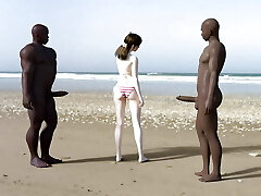 Milky lady gets blacked on the beach by 2 bbc men