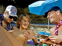 French teen Evy Sky has a very insatiable anal invasion threesome on the beach