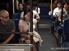 Two Guys Fucking a Buxom Japanese Girl's Big Bumpers in the Public Bus