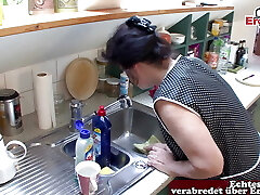 German grandmother get hard screw in kitchen from step son