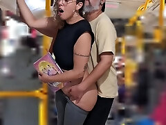 Young whore student gets humped by an aged guy right on the bus in public