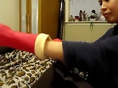Asian Femdom Crimson Rubber Glove Milking
