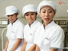 Asian nurses gobbling cum out of loaded shafts in group