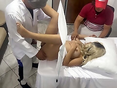 Pervert Poses as a Gynecologist Doctor to Drill the Beautiful Wife Next to Her Dumb Husband in an Erotic Medical Consultation