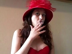 Fabulous Goddess D Smoking VS 120 Vintage Style Red Hat and Bra Crimson Lipstick