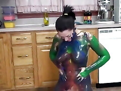 Horny breezy strips off underwear and gets messy on floor with body paints