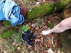 Painful brush insertion naked in the woods