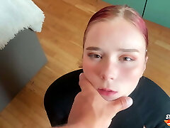 Man fucks obedient redhead in face and pussy