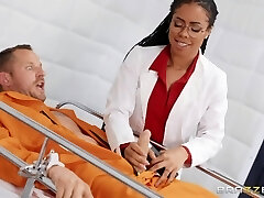 Horny and molten black doctor flashes her tits before patient pokes her mish