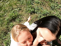Double Oral Job in the Woods from Two Smoking Girlfriends