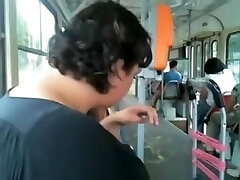 Chubby man is showcasing his dick in the public transport