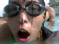 Lecherous babe Candy gives a blow-job underwater and gets fucked in the pool