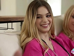 Two teeny nurses share stepbrother's ginormous dong in taboo 3some