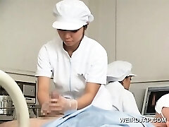 Sweet asian nurses giving handjob in group for jizm sample