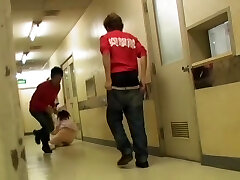 Nurse in uniform falls on knees when dude sharks her bottom