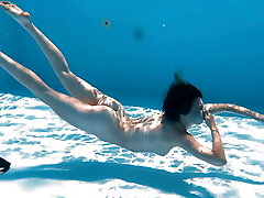 सार्वजनिक स्विमिंग पूल में गर्म लड़की अकेले और गीला