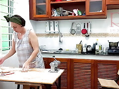 Ravioli Time! Naked Cooking. Regina Noir, a nudist cook at naturist hotel resort. Bare maid. Naked housewife. Sequence 1