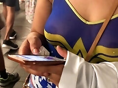 Wife in See through wonder women shirt with pierced nipples in public Wife in See through wonder women shirt with pierced nipples in public