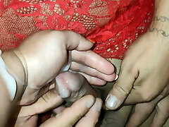 Bitch in red eats her cum. Mistress loves to feed her whore with white fresh and good-sized cum that just came out of his co
