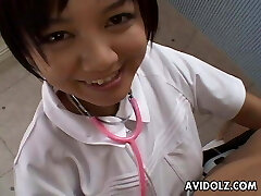 Asian nurse is sucking and titty fucking the wood