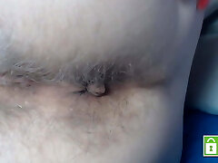 Playing and fingering super hairy asshole, extreme close up