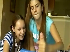 Young Teenager Girl Give Neighbor Handjob While Her Friend Watches