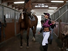 Brunette stunner rides a schlong cowgirl stance on the couch