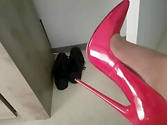 My wife whith new red high-heeled slippers