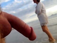 Public erection CFNM beach encounter between woman and male exhibitionist