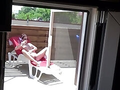 Covert cam caught my neighbor tugging outdoor in the pool sunbed