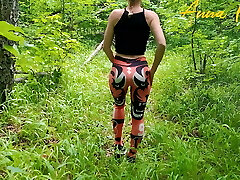 Public masturbation, a nymph in leggings walks in nature