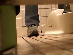 Pissing in the toilet and displaying bushy pussy on spy cam