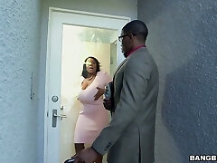 Hot ebony BBW Maseratti fucks horny black stud on the white couch