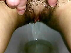 Russian mistress piss in your mouth, hairy pussy, close up peeing nymph