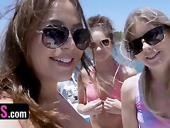 Three horny babes are sharing on meaty cock in a yacht
