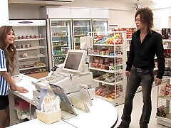 Beautiful Japanese store clerk gets banged by 3 clients during opening hours