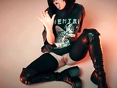 Hot goth girl with sexy stockings gets fucked with a black fuck stick that pours her with cum