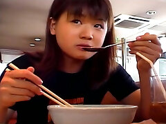 Chubby Asian teenage Mai Mariya makes a perfect leg spit after a lunch