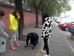 The victim was ridden outdoor and get down on all fours down on the road while slapped