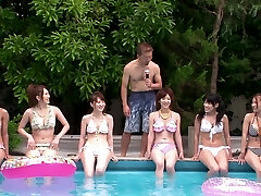 Hard-on hungry Japanese cuties take cocks in their mouths during a party