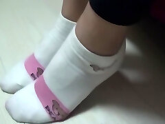 Chinese feet wank with socks on pants