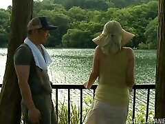 Chubby Chinese with big tits finger-banging hairy cunt in bath outdoor