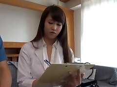Clothed lovemaking in missionary with a horny Japanese nurse with natural tits