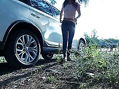 Piss Stop - Urgent Outdoor Roadside Pee and Stiffy Sucking by Asian Girl Tina in Blue Jeans