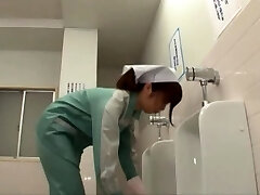 Asian cleaning lady torn up in the bathroom